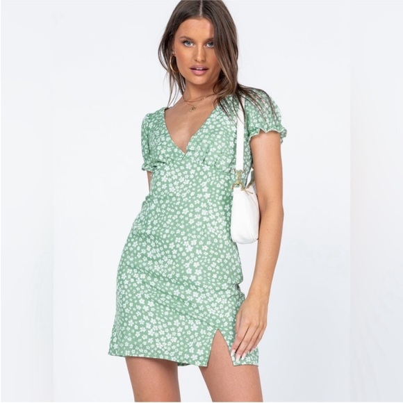 Princess Polly Kasey Mini Dress Green Floral Daisy Puff Sleeves - Picture 2 of 8